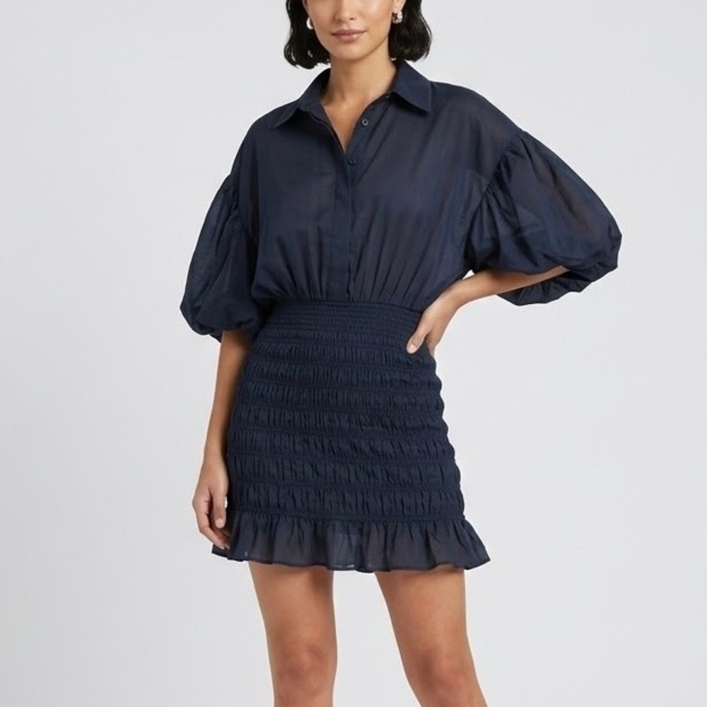 FRAME Smocked 100% Ramie Mini Shirt Dress Navy Blue Puff Sleeve Ruffle Large